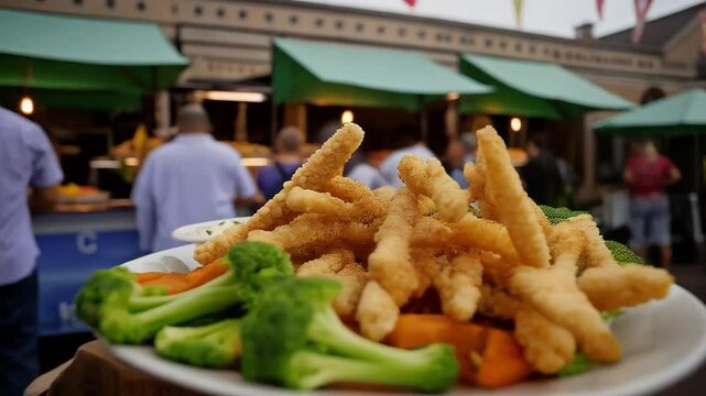 Plato de palitos crujientes con verduras y dip en feria gastron&oacute;mica