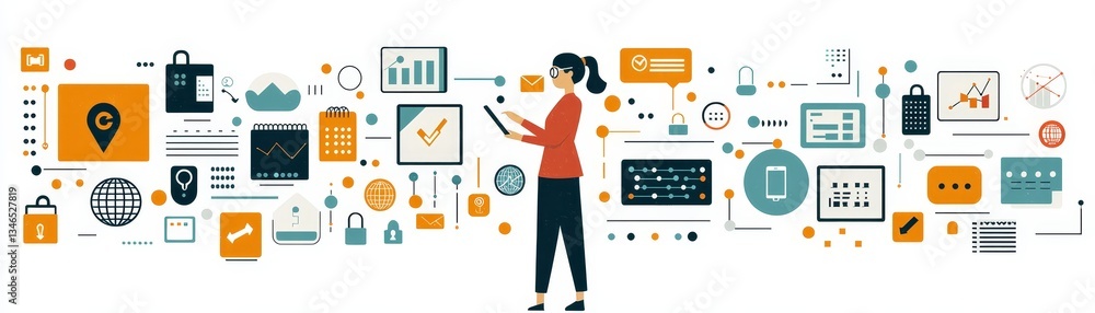Poster business professional collaborating with data visualization in a modern office environment