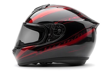 Fototapeta premium Red and Black Motorcycle Helmet with Visor, Sporty Design, 3/4 View