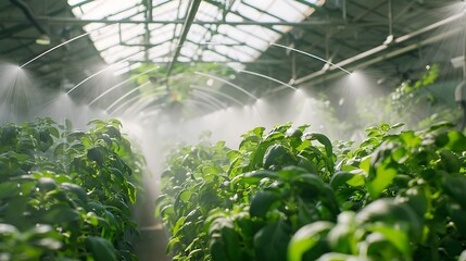 Automated overhead irrigation system in a leafy greens greenhouse, with misters providing gentle watering