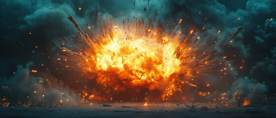 A large explosion is depicted in the image, with a lot of fire and debris