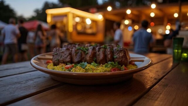 Brochetas de carne a la parrilla con arroz amarillo en festival gastron&oacute;mico nocturno