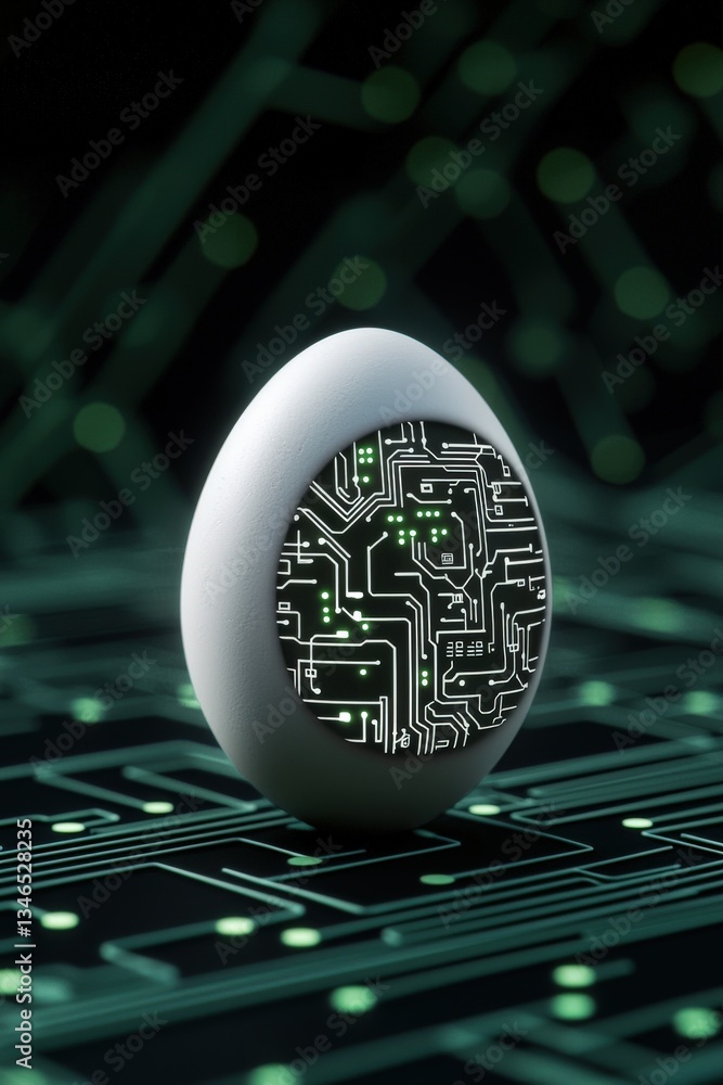 Poster egg with a cybernetic interface, connected to a high-tech system