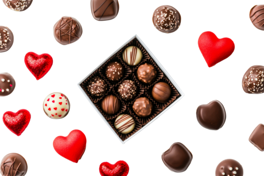 Assorted chocolates in a box surrounded by heart shaped treats - Powered by Adobe