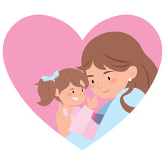 Mother's day vector illustration design template. Mom hugging girl icon isolated background.