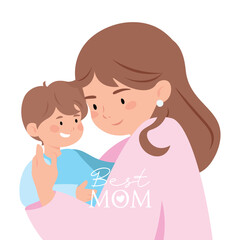 Mother's day vector illustration design template. Mom hugging son icon isolated background.