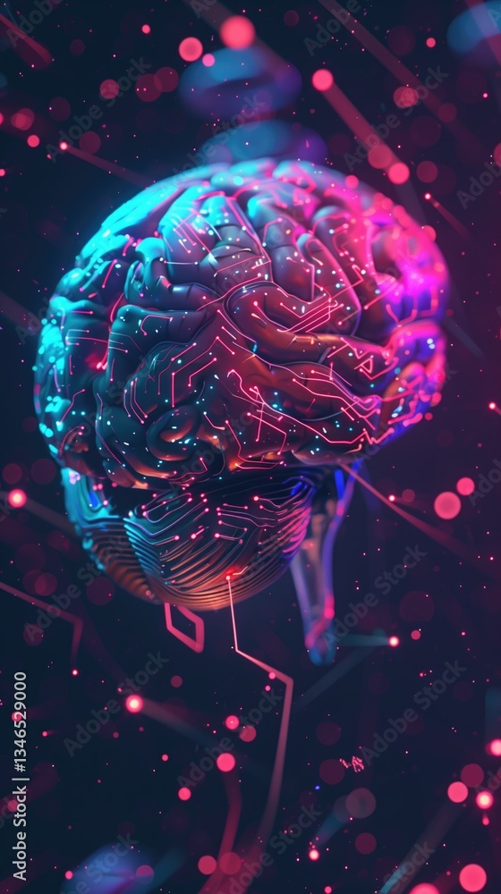 Poster futuristic neon brain with circuit patterns in a digital space