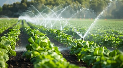 Automated sprinkler system in a vegetable field, with rotating sprinklers ensuring even water distribution
