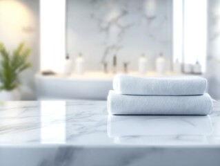 Stacked White Bath Towels on Marble Countertop in Bathroom