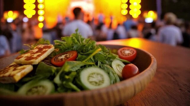 Ensalada fresca con queso dorado en festival gastron&oacute;mico al aire libre