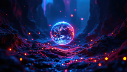 Digital Planet: A glowing orb of Earth amidst a surreal, neon landscape.