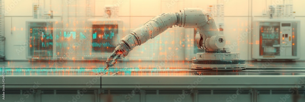 Poster advanced robotic arm working on digital interface