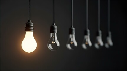 Bright Lightbulb Shining in Darkness Among Dim Unlit Bulbs - Idea Inspiration Leadership Concept - Dramatic Minimalist Lighting Dark Setting Contrast