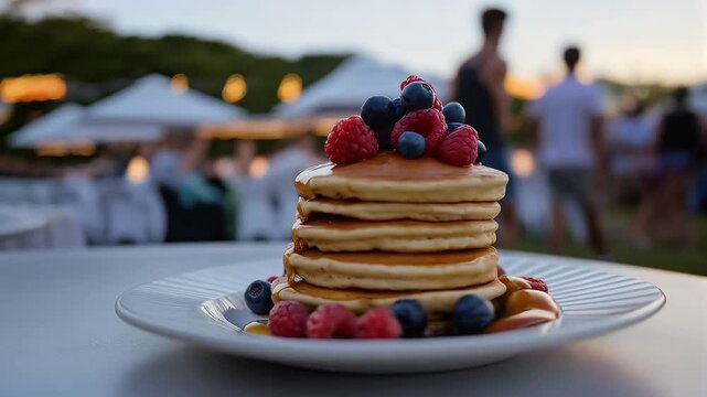 Torre de panqueques con frutos rojos y miel en festival al aire libre