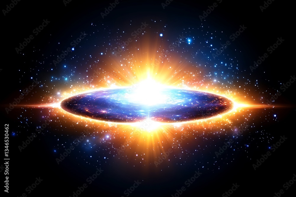 Poster visual representation of a galaxy formation with intense light and star clusters