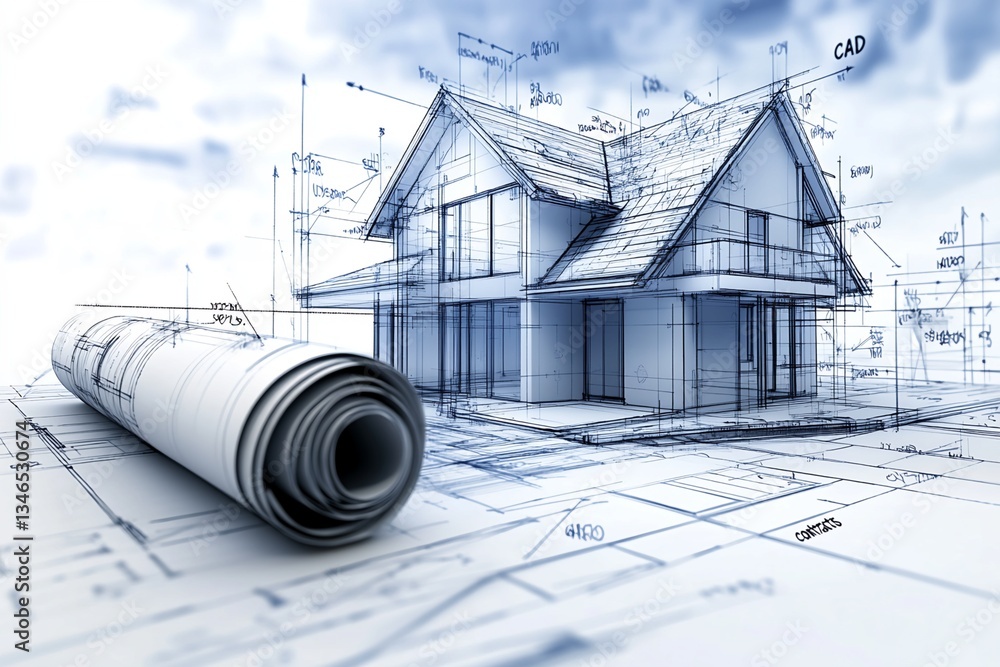 Poster three-dimensional rendering of house plan with blueprints