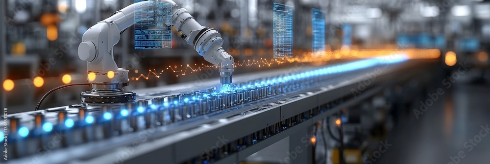 Poster robotic arm working efficiently in a modern factory.