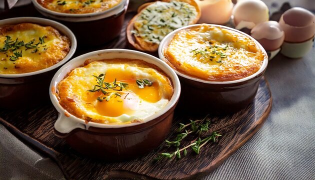 Oeufs cocotte baked in ramekins with cream, herbs, and melted cheese. Warm, elegant French dish showcasing soft baked eggs, rich texture, and comforting brunch style.