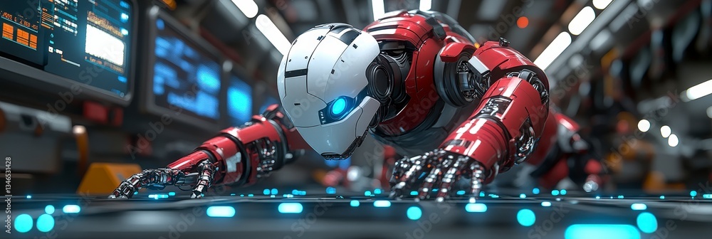 Poster innovative humanoid robot interacting with interface.