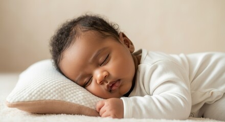 Peaceful African American baby sleeping on pillow in cozy neutral toned nursery
