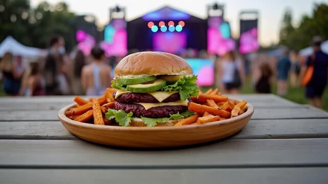 Hamburguesa doble con aguacate y papas fritas de camote en festival al aire libre
