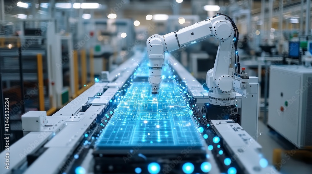 Poster white robotic arm assembling device on production line