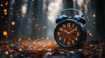 Enchanting forest scene with a vintage alarm clock amidst glowing particles