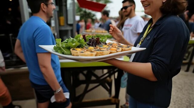 Mini quiches de espinaca y huevo servidas con ensalada en feria gastron&oacute;mica