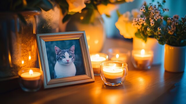 A Cherished Memory Of A Beloved Cat, Captured In A Framed Photo Amidst Flickering Candlelight And Delicate Flowers, Creating A Warm And Comforting Ambiance