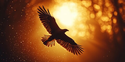 Fototapeta premium Majestic Hawk Soaring Silhouette with Sparkling Effects in Flight Background, 8k Resolution