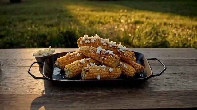 Elotes asados con queso en bandeja sobre mesa r&uacute;stica al atardecer