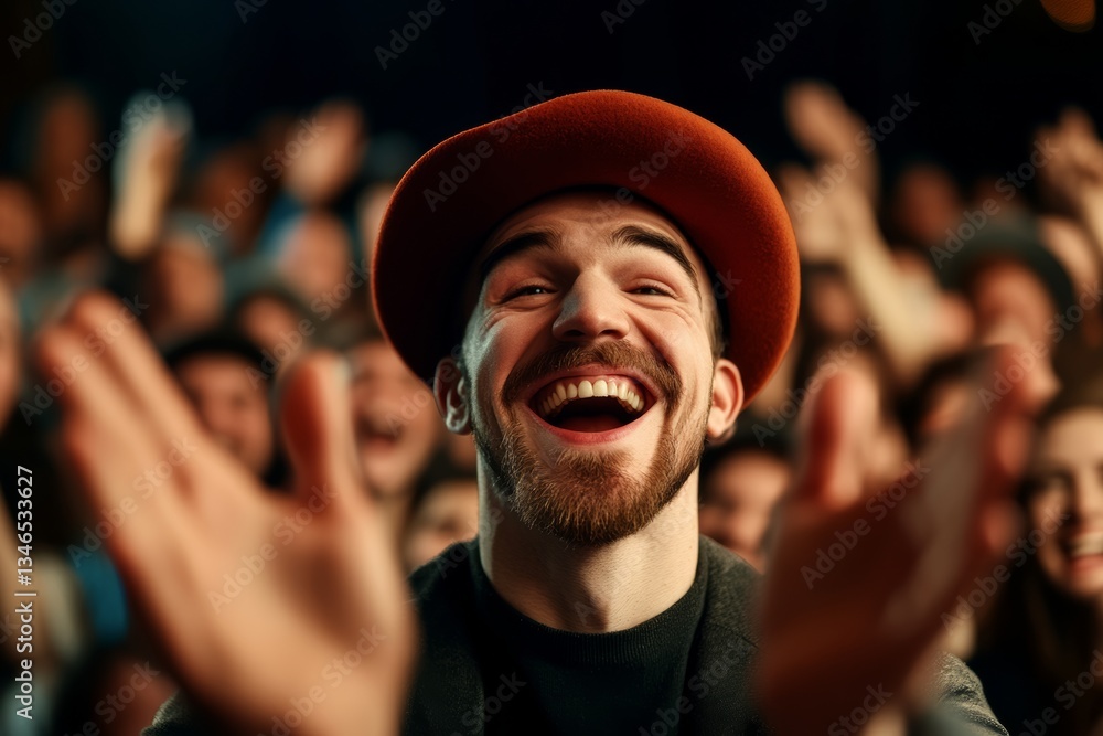 Aufkleber man with a red hat is smiling and clapping his hands in a crowd. scene is joyful and celebratory