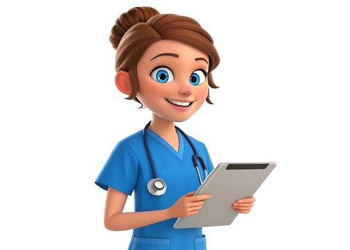 A cheerful young cartoon doctor reviewing patient data on her tablet, bright and friendly 3D animation style.
