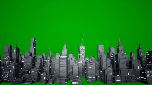 Green Screen Cityscape: Low Angle View of Futuristic Gray Buildings and Skyscrapers for Visual Effects & Compositing Projects