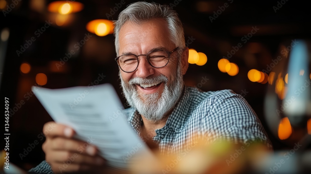 Aufkleber man is smiling while reading a piece of paper. he is wearing glasses and he is happy