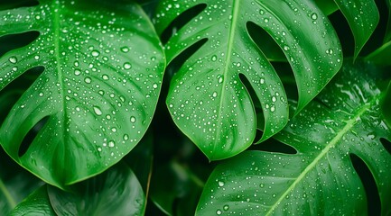 Fototapeta premium Close-up of vibrant monstera leaves covered in fresh water droplets, showcasing nature's refreshing beauty.