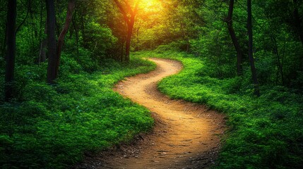 Fototapeta premium Winding path through a sunlit forest. A serene, meandering trail, bathed in golden sunlight, cuts through lush green foliage. Sunlight streams down, illuminating the path