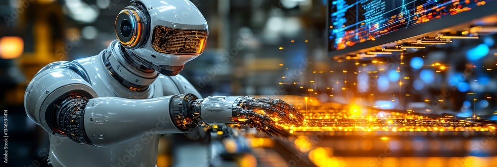 Poster cybernetic robot typing on glowing digital keyboard