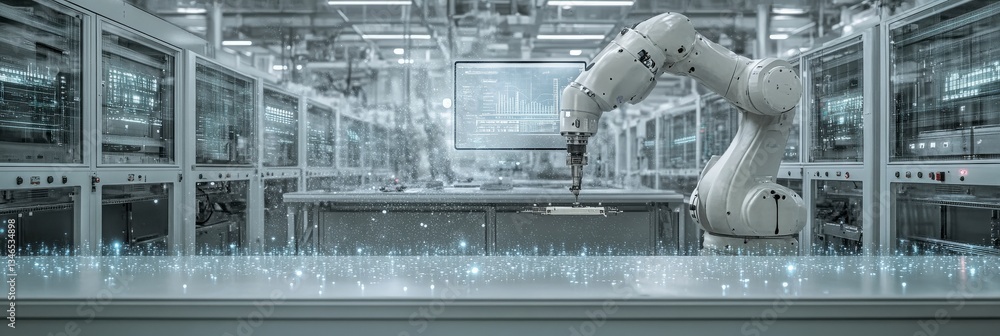 Poster robotic arm assembling components in tech factory