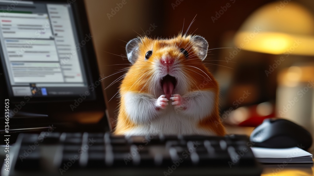 Poster hamster is sitting on a keyboard in front of a computer monitor. the hamster appears to be excited a