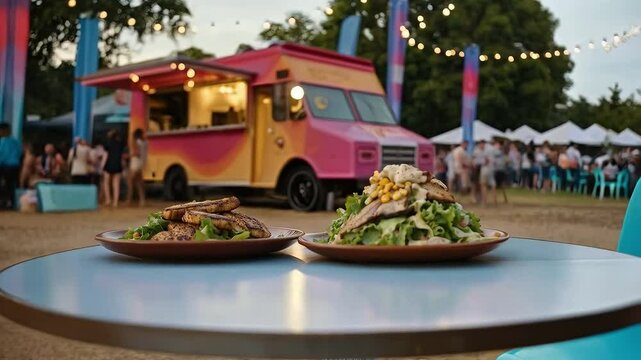 Platos de ensalada con pollo a la parrilla y ma&iacute;z en festival gastron&oacute;mico