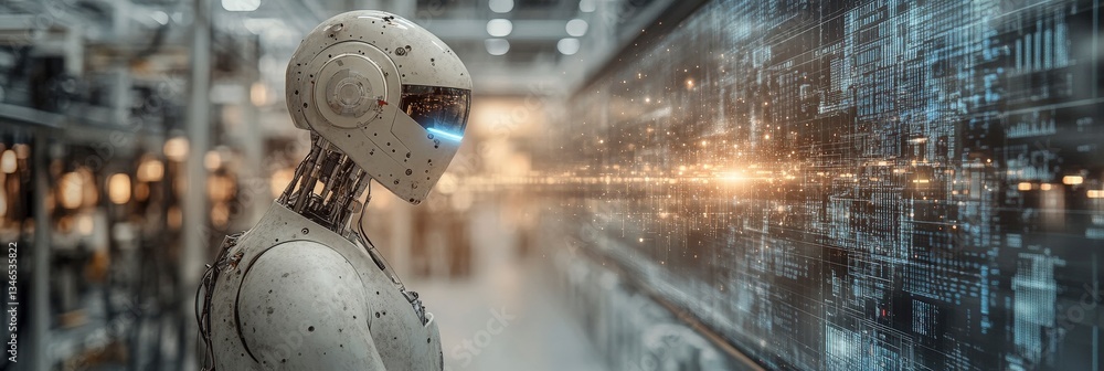 Poster robot analyzing digital data in a futuristic factory.