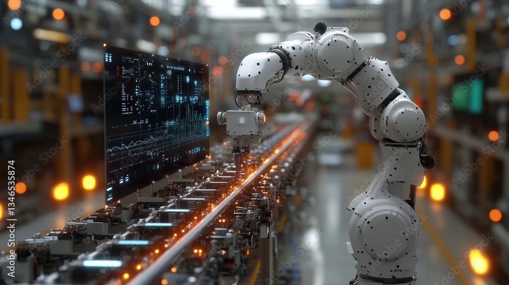 Poster robotic arm assembling parts in automated production line.