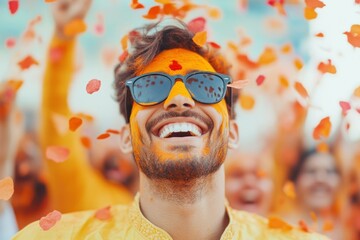 A joyful young man with vibrant orange powder on his face and sunglasses, celebrating during a colorful festival, surrounded by confetti and festive atmosphere