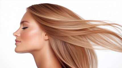 Fototapeta premium Profile portrait of a beautiful woman with long blonde hair flowing in the wind, eyes closed.