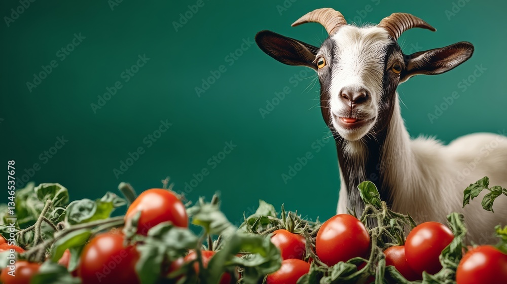 Poster goat is standing in front of a bunch of tomatoes. the goat is smiling and he is enjoying the tomatoe