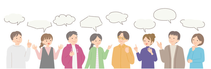 様々な意見を出し合う8人の男女のイラスト