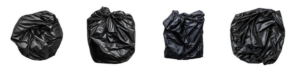 A grouping of several black plastic garbage bags filled with various types of waste and debris representing the accumulation of refuse and the need for proper disposal and recycling
