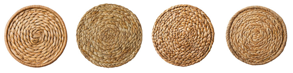 A set of handmade woven straw coasters or placemats with a natural rustic texture and a simple circular design perfect for a warm earthy interior or table setting