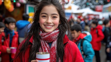 Fototapeta premium Cheerful young girl holding warm drink at vibrant winter festival with colorful background and joyful atmosphere